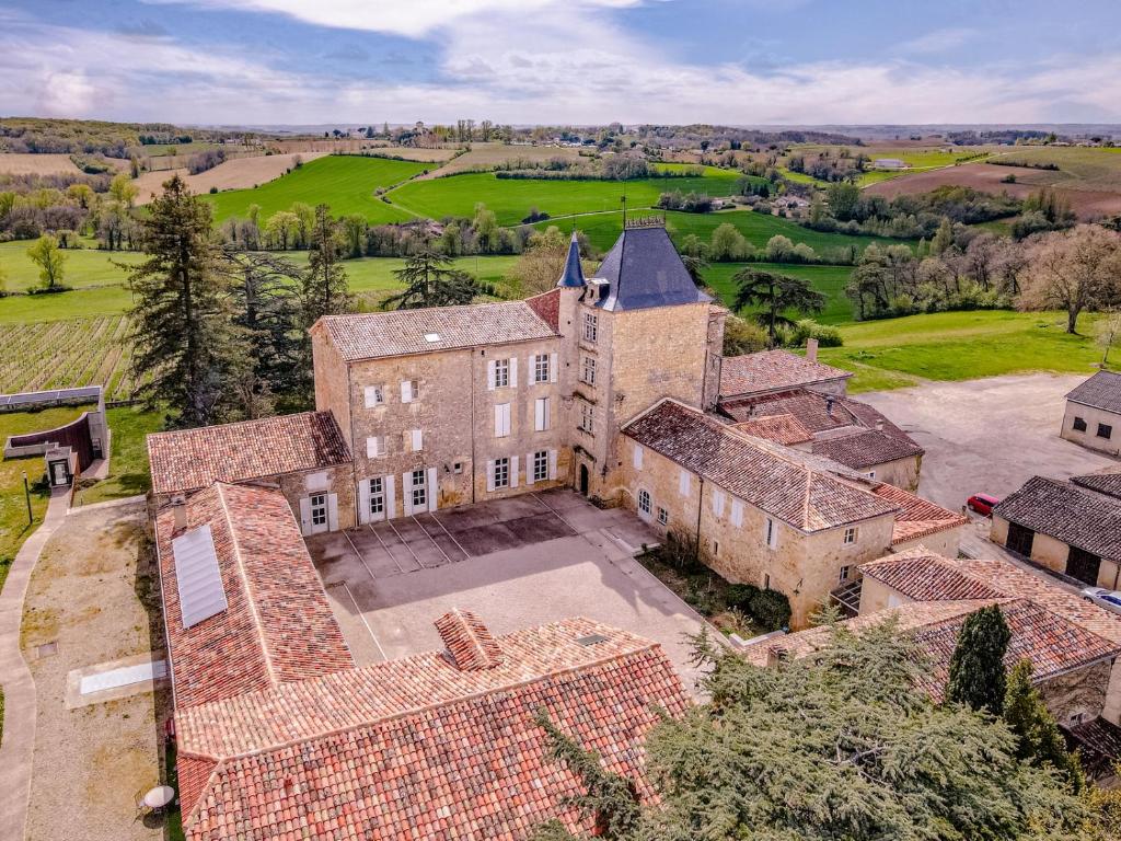 an aerial view of an old house with a yard at Château de Mons Armagnac in Caussens