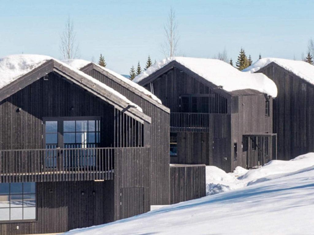 een rij houten gebouwen in de sneeuw bij Holiday home SÄLEN II in Stöten