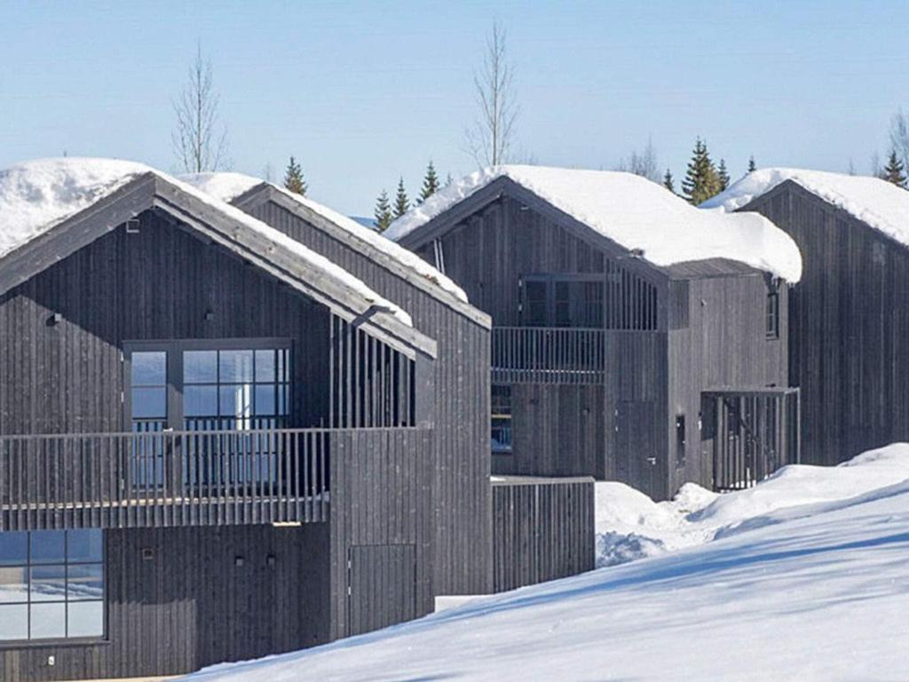 Holiday home SÄLEN في ستوتِن: صف من المباني الخشبية في الثلج