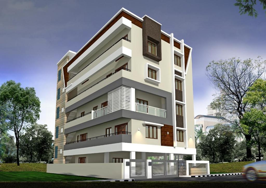 a rendering of a white building at SLS HOMESTAY - Luxury AC Service Apartments 1BHK, 2BHK, 3BHK - Direct Flyover to Alipiri Tirumala Gate - Walk to PS4 Pure Veg Restaurants, Supermarkets - Near to National Highway & Padmavathi Amma Temple - Modular Kitchen, Living room -Free Superfast Wifi in Tirupati