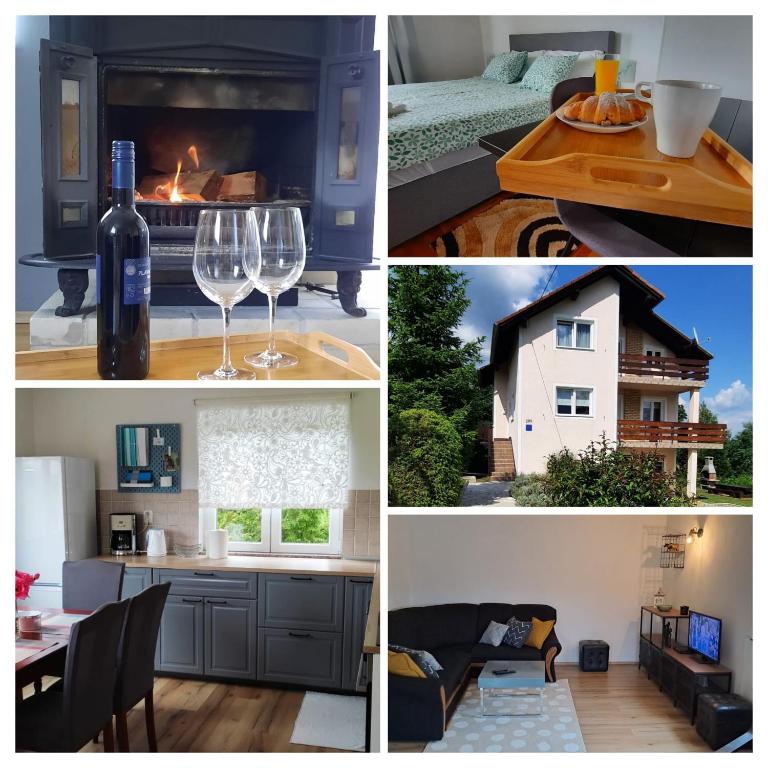 a collage of photos with a fireplace and wine glasses at House Anita in Grabovac
