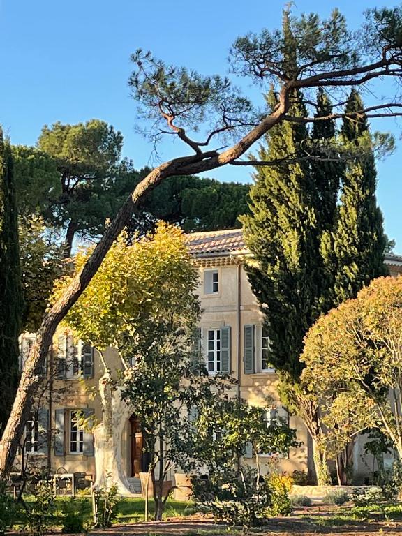 a large white house with trees in front of it at La Pavoyère in Mormoiron