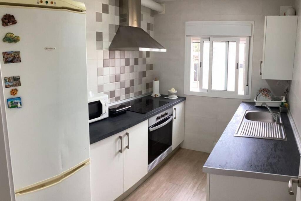 a kitchen with a white refrigerator and a sink at apartamento precioso y coqueto in Seville