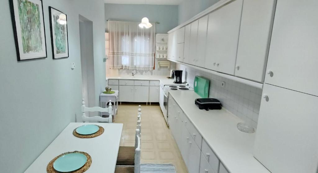 kuchnia z białymi szafkami i zielonymi akcentami w obiekcie Garden House Katerini w mieście Kateríni
