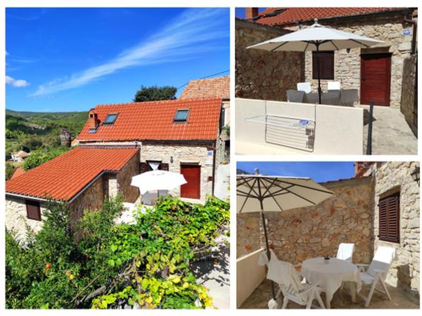a collage of pictures of a house with an umbrella at Apartman Kameni zid in Jelsa