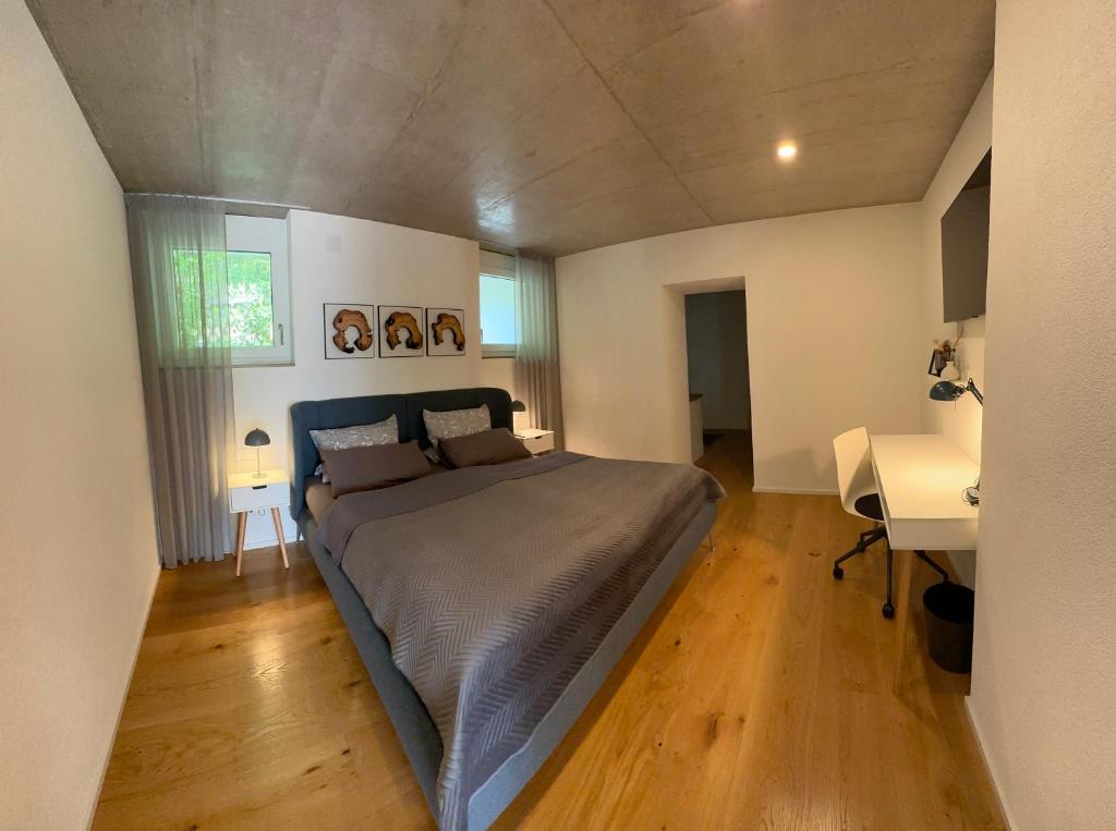 ein Schlafzimmer mit einem Bett und einem Schreibtisch. in der Unterkunft Moderne Ferienwohnung Rhenum mit Wallbox in Waldshut-Tiengen