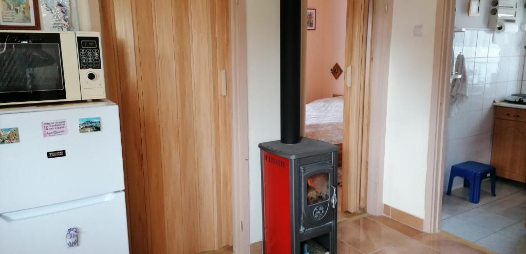 a stove in a kitchen next to a refrigerator at Zsike lak in Igal