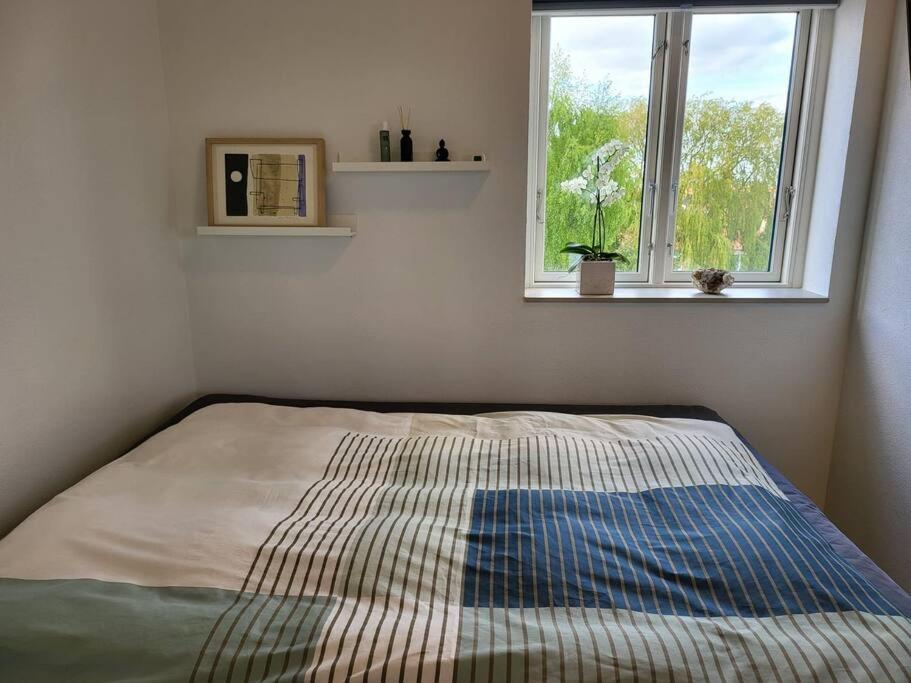 Cama en habitación con ventana en Solrig og moderne villalejlighed tæt på midtbyen 