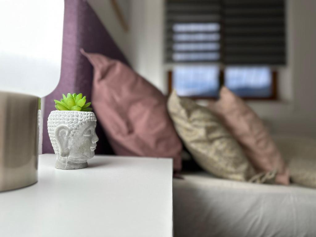 eine Vase mit einer Pflanze auf einem Tisch mit Kissen in der Unterkunft Lotus Apartment in Sarajevo