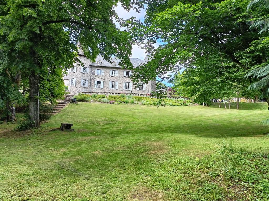 a large grassy yard with a large building at Chateau Ol Puech in Vic-sur-Cère