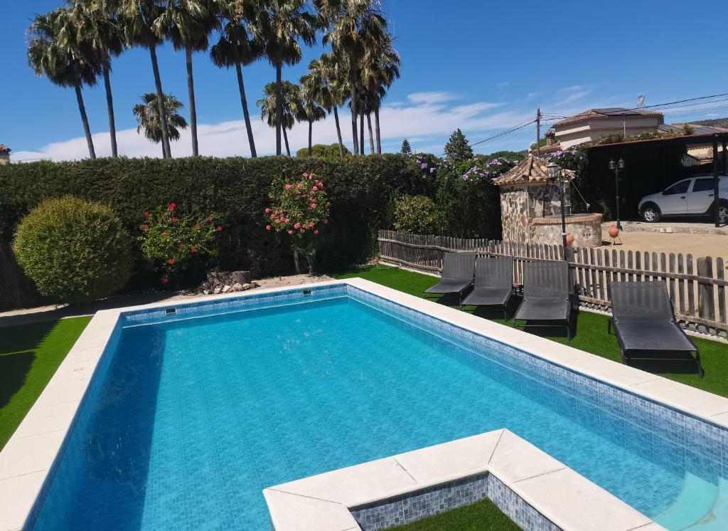 una piscina en un patio con sillas y palmeras en VILLA RAQUEL, en Arcos de la Frontera