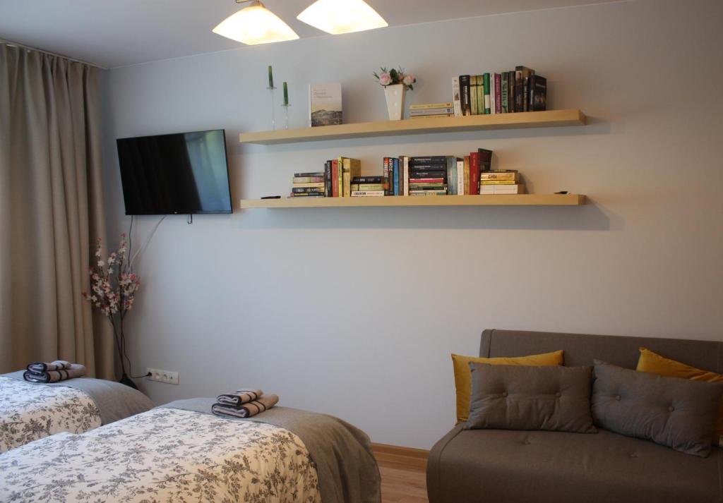 a living room with a couch and a tv and shelves at Apartament pod Miłkiem in Wojcieszów