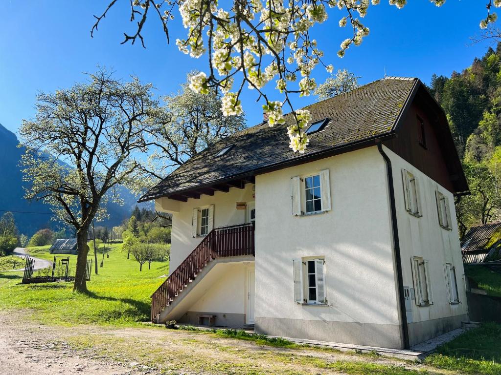 une maison blanche avec un toit marron dans l'établissement Apartments Mala Korita Soče, à Vallée de la Soča