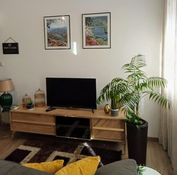ein Wohnzimmer mit einem TV auf einem hölzernen Entertainment-Center in der Unterkunft Casa do Trovão - Douro in Peso da Régua