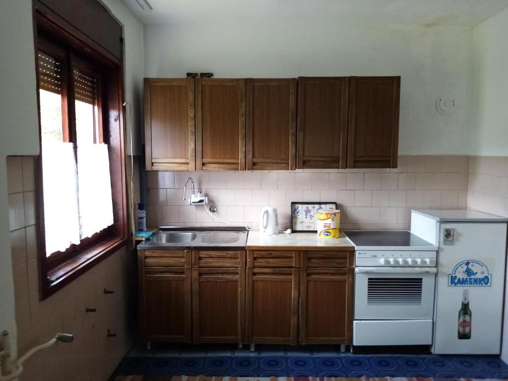 uma cozinha com armários de madeira, um lavatório e um fogão em Kecman em Drvar