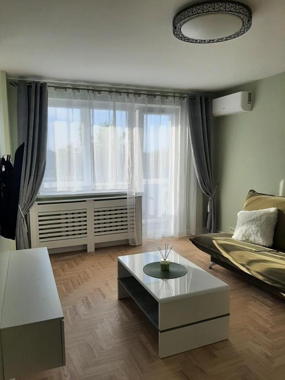 a living room with a couch and a coffee table at Visinskio apartamentai in Šiauliai