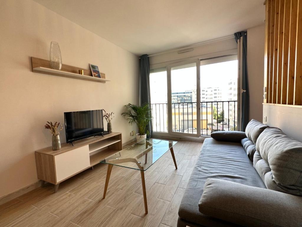 a living room with a couch and a television at Superbe appartement neuf - 5min beach walk in Nice