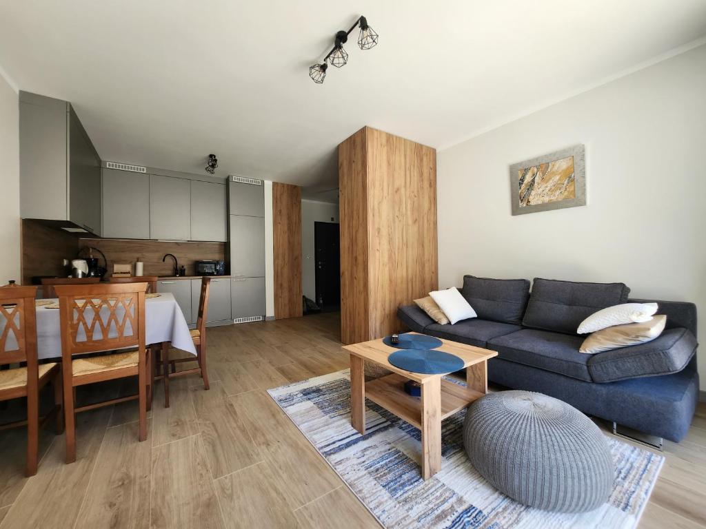 ein Wohnzimmer mit einem Sofa und einem Tisch in der Unterkunft Dwa Jelonki, ul Ściegiennego, centrum, garaż, ogródek in Kielce