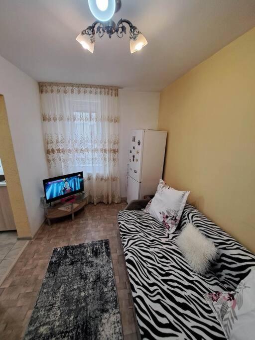a room with a bed and a television in it at Dovali apartment in Râmnicu Vâlcea