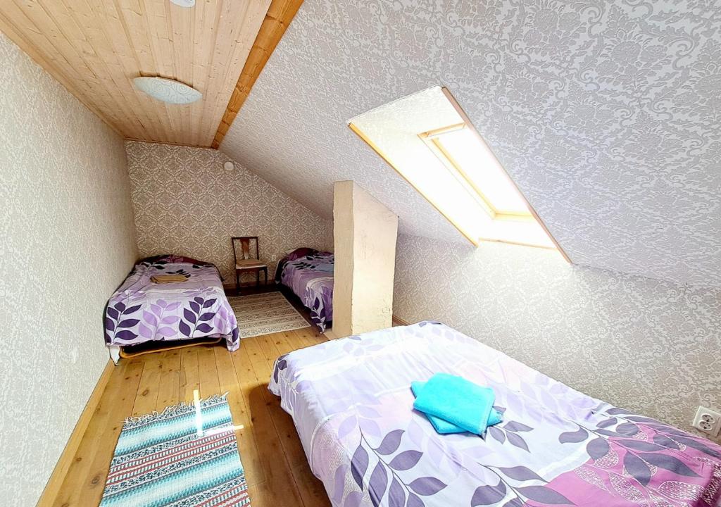 a attic bedroom with two beds and a skylight at Kärdla Retrovisiit Saima in Kärdla