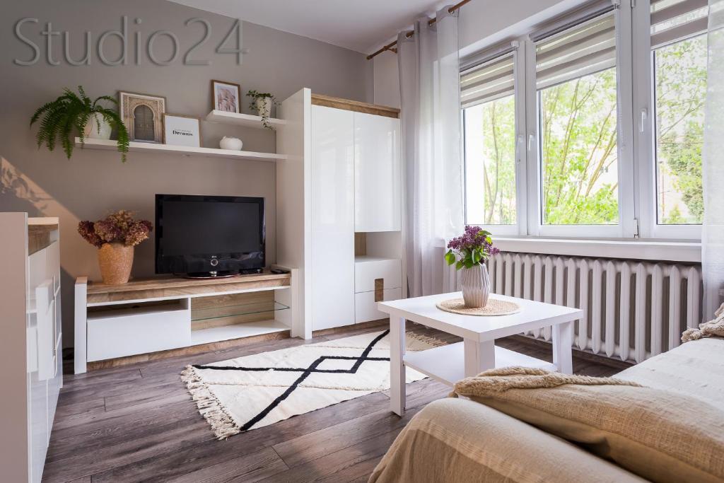 ein Wohnzimmer mit einem TV und einem Tisch in der Unterkunft Apartament Studio 24 in Zamość