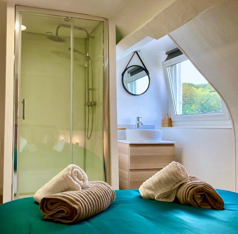 a bathroom with a shower and towels on a bed at F2 Le City Parking Netflix Wifi Gare in Évreux