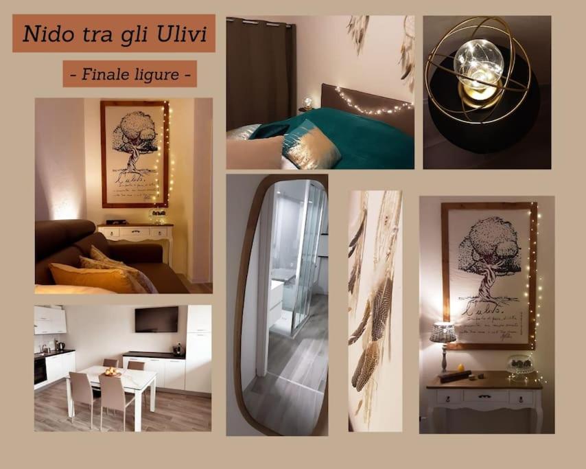 un collage di foto di una camera d'albergo di NIDO TRA GLI ULIVI a Finale Ligure