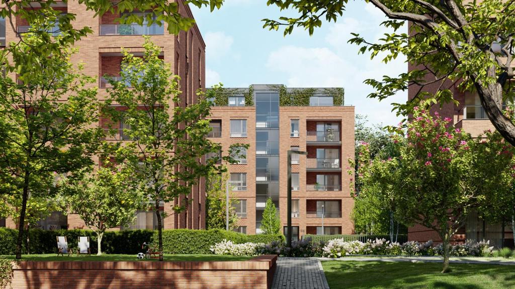 an architectural rendering of a building with a garden at Green Estate Old Town Apartment, private parking, balcony in Gdańsk