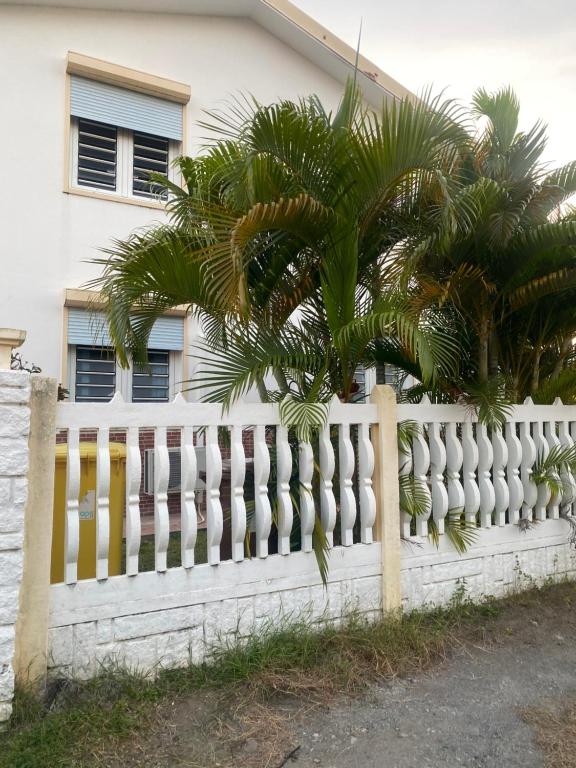 a white fence with a palm tree in front of a house at La maison de la plage in Sainte-Luce