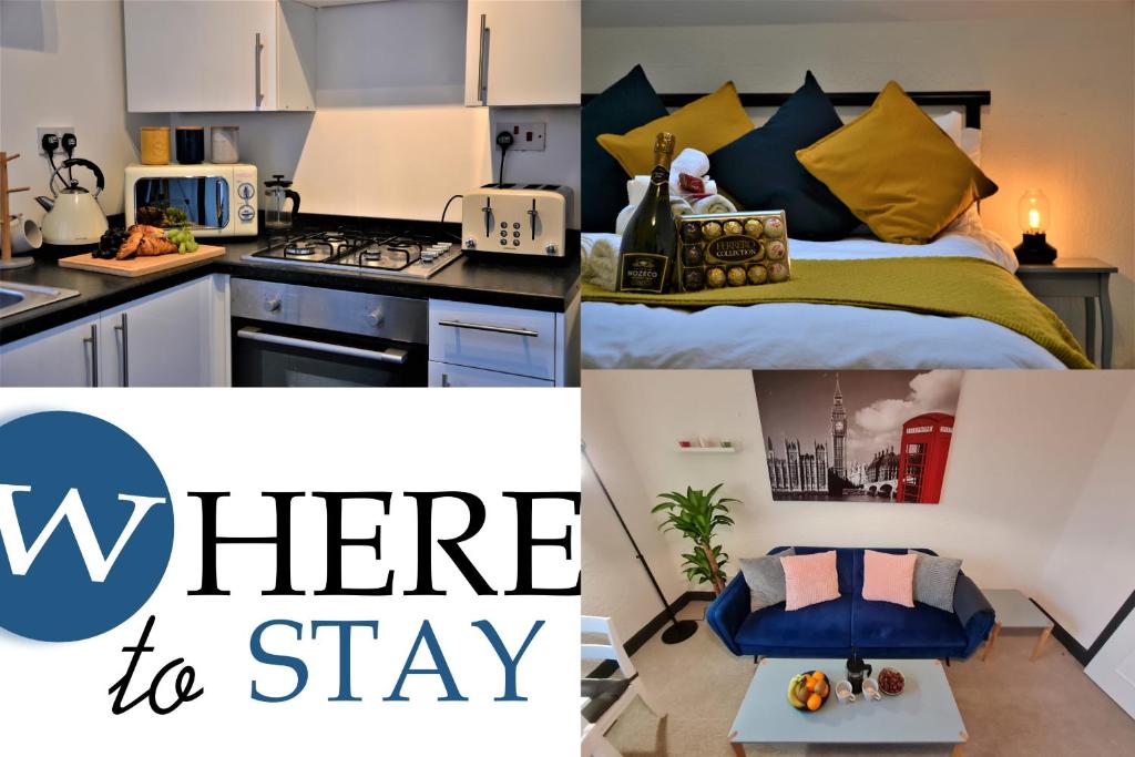 a collage of photos of a kitchen and a bedroom at ENTIRE Cosy MODERN Flat Business Holidays in Fife