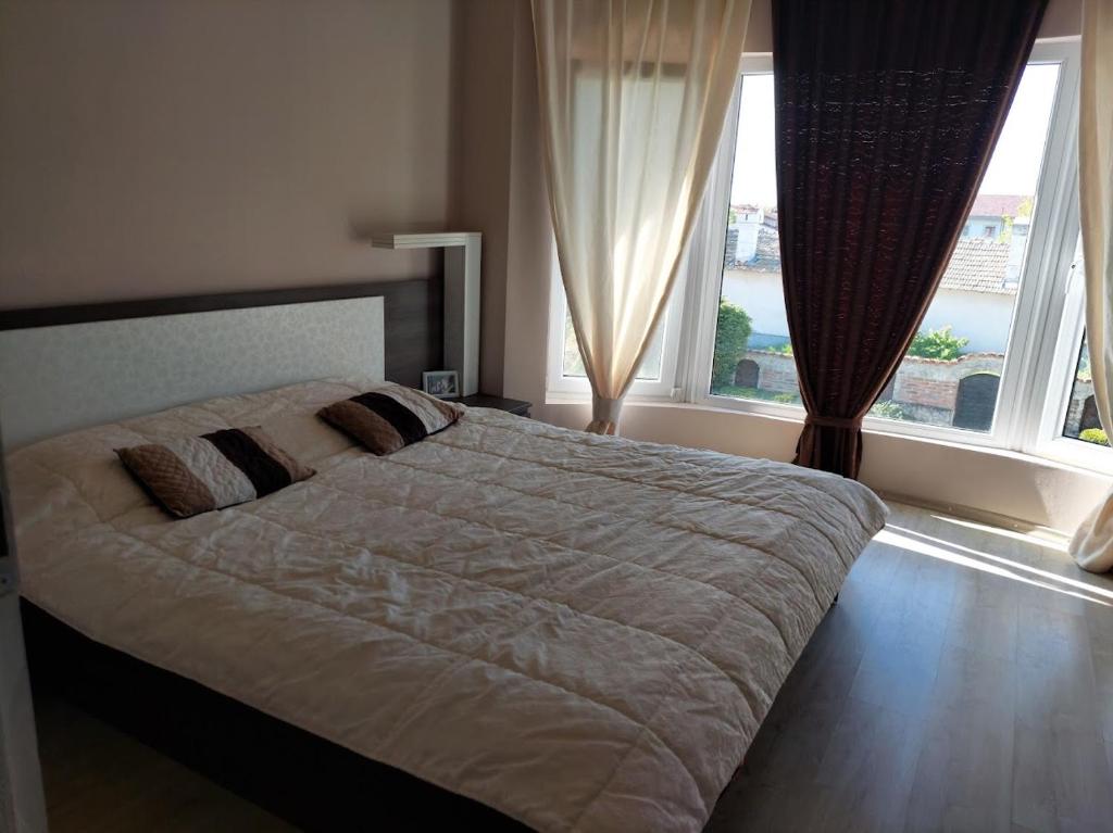 1 dormitorio con 1 cama grande y 2 ventanas en Villa Paradise Garden en Bliznatsi