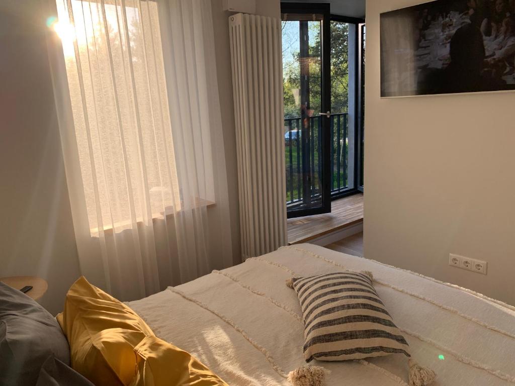Ķesterciems的住宿－Seaside apartment Albatross, 16，窗户间里一张带枕头的床