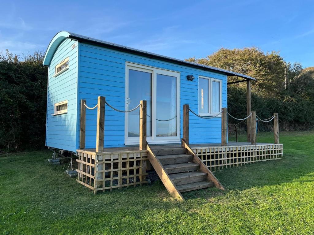 Penally的住宿－Reef Shepherds Hut，坐在草地上的蓝色小房子