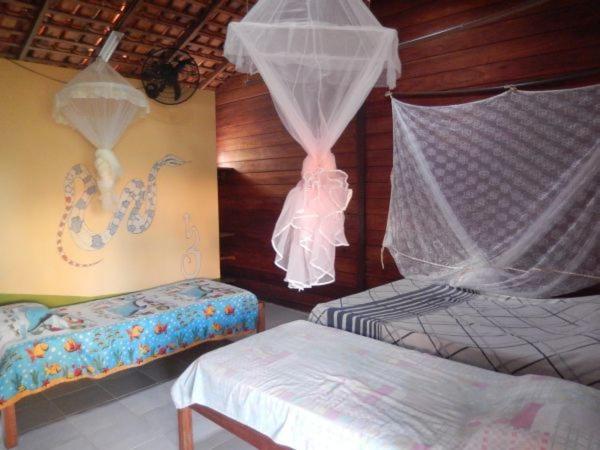 a bedroom with two beds with nets on the wall at Pousada Ventania Do Rio-Mar in Joanes