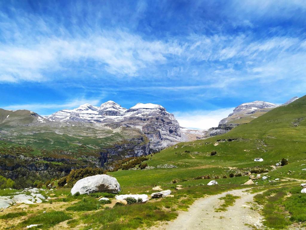 a dirt road through a grassy field with mountains at Apartamentos Casa Modesto in Escalona