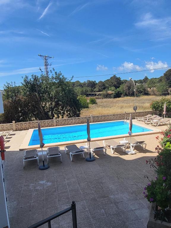 a swimming pool with lounge chairs next to it at Apartamentos Mar Bella in Es Cana