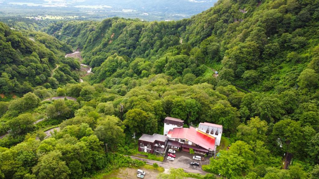 an aerial view of a house in the middle of a forest at Tsubame Highland Lodge燕ハイランドロッジ in Myoko