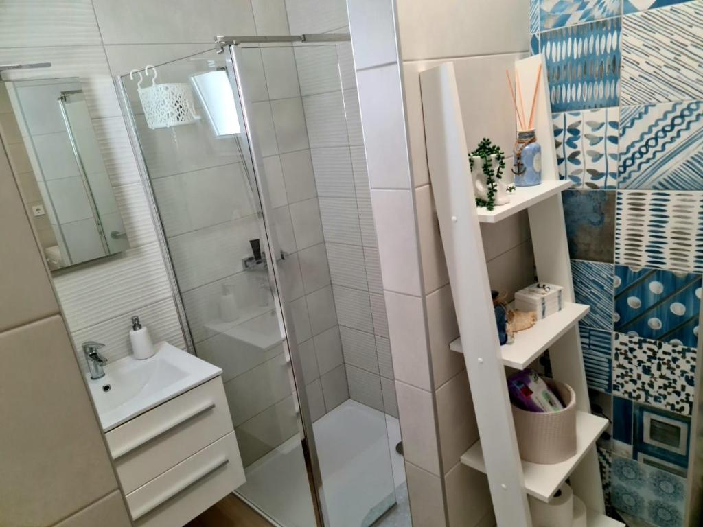 La salle de bains est pourvue d'une douche et d'un lavabo. dans l'établissement Apartman Marko, à Nečujam