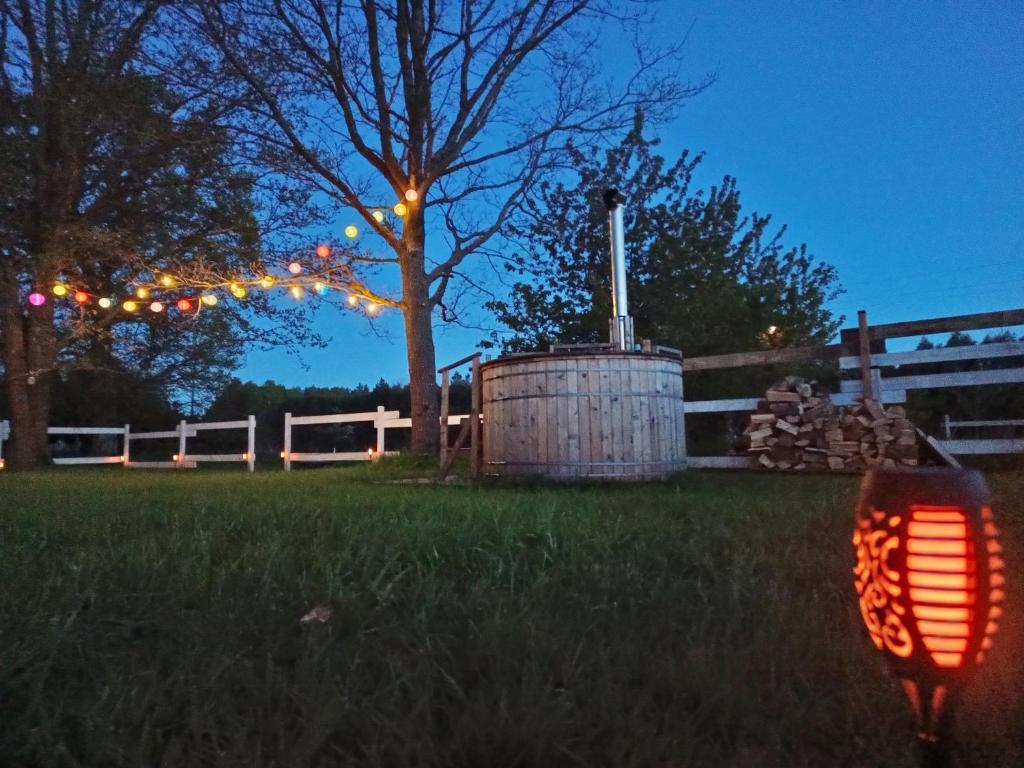 a lantern in a yard with a tree and lights at Miejsce dla chcących odpocząć in Prabuty