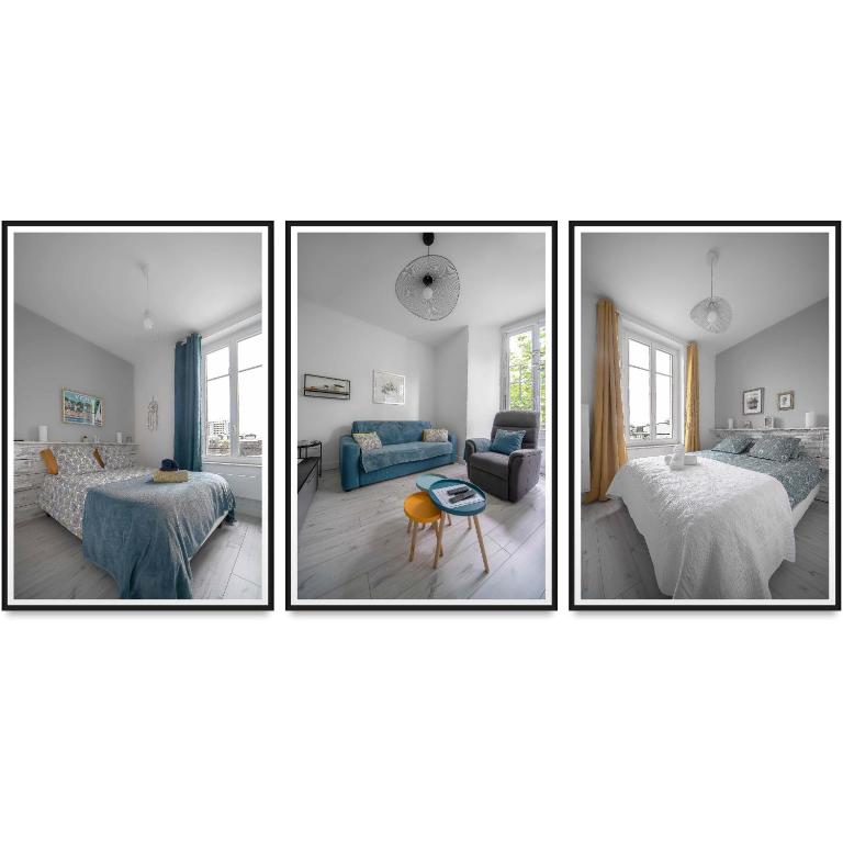 trzy zdjęcia sypialni i salonu w obiekcie Le George V - Appartement centre ville et parking w mieście Vichy