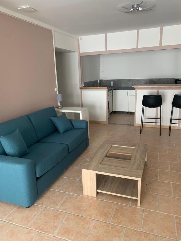 un salon avec un canapé bleu et une table dans l'établissement GRAND STUDIO AU CALME, à Nîmes