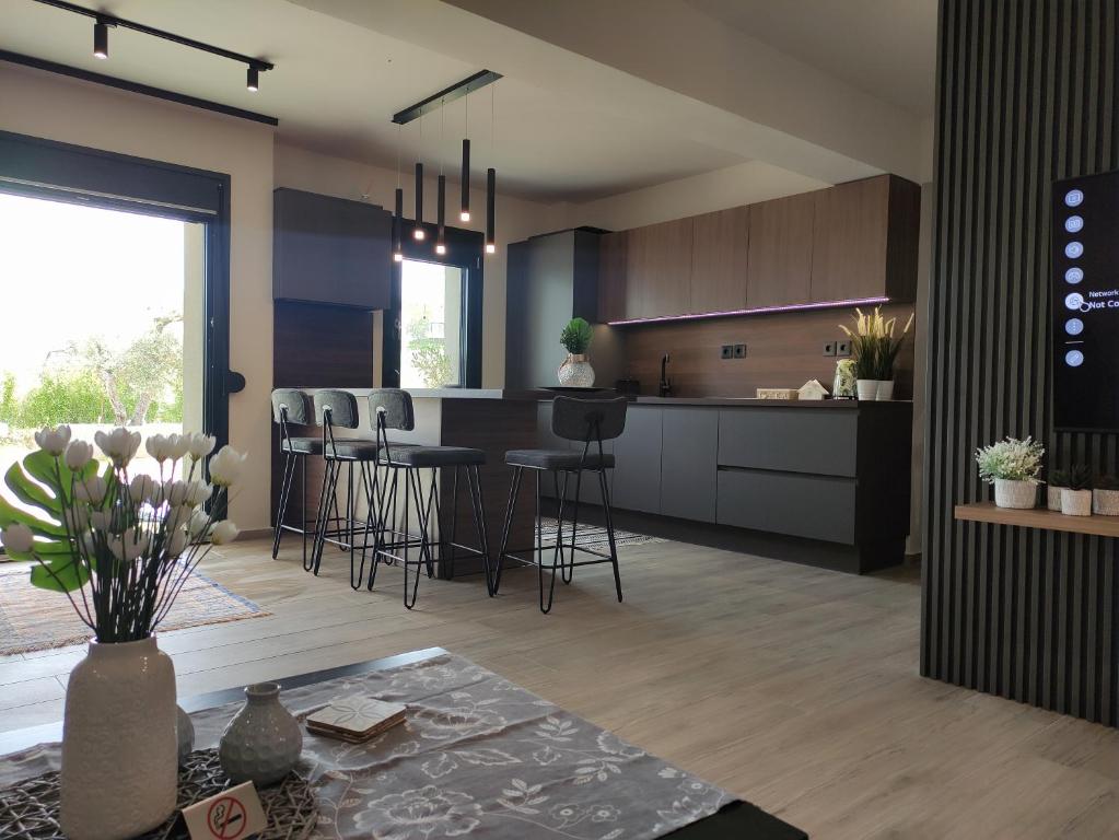 eine Küche und ein Wohnzimmer mit einem Tisch und Stühlen in der Unterkunft Villa Onari in Alexandroupoli