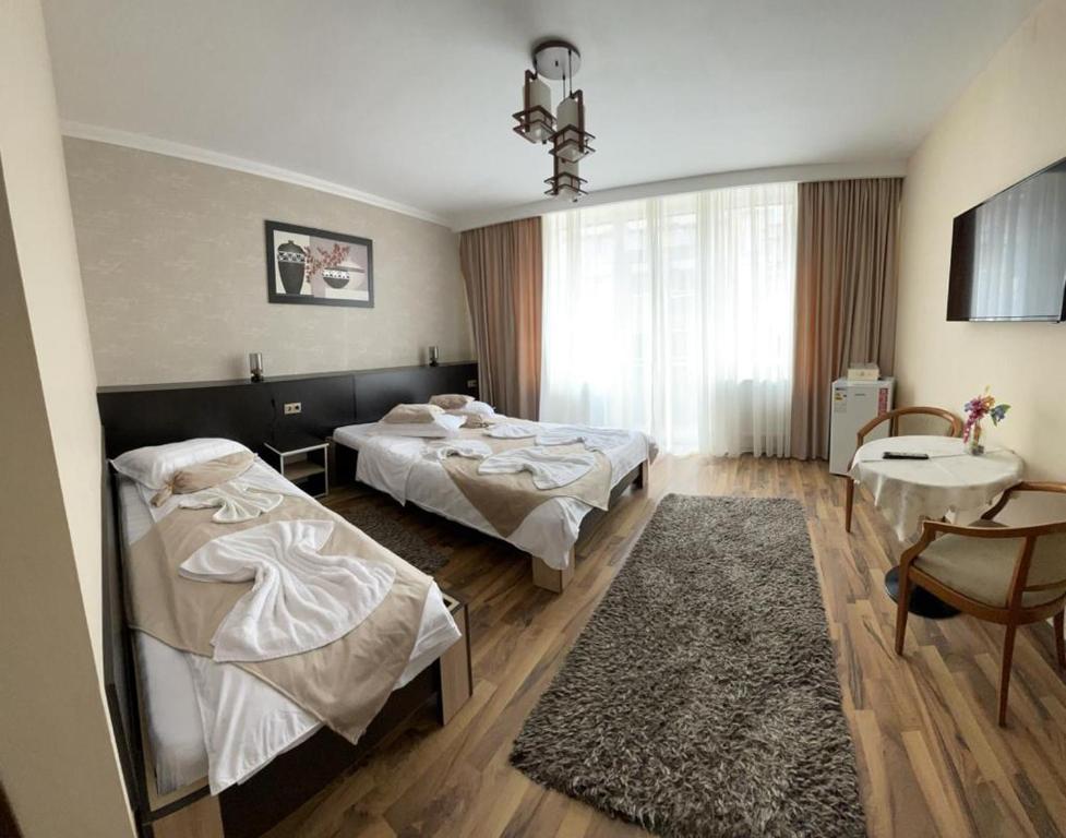 a hospital room with two beds and a mirror at Casa Alex in Târgu Jiu