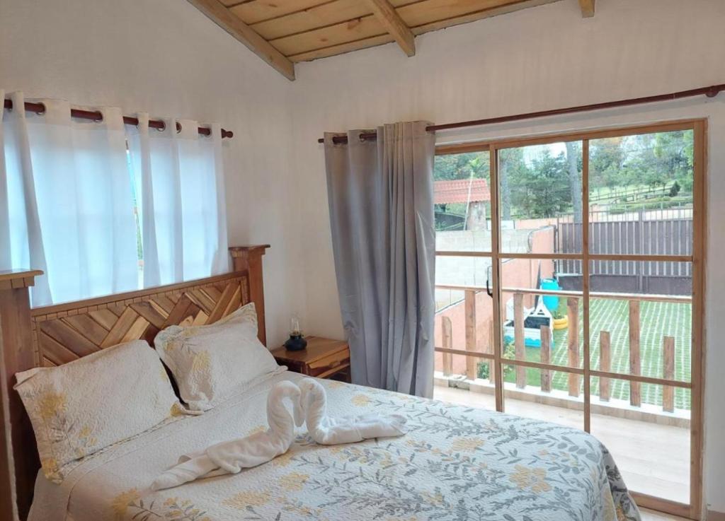 ein Schlafzimmer mit einem Bett und einem großen Fenster in der Unterkunft Villas Montelindo in Constanza