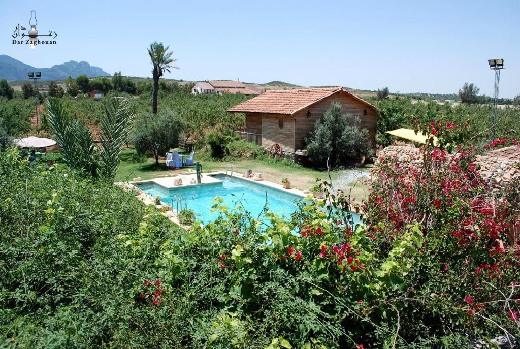 a swimming pool in a yard with a house at Dar Zaghouan in Zaghouan