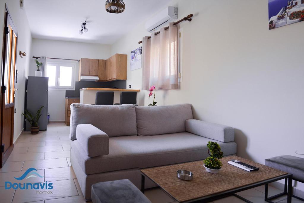 un salon avec un canapé et une table dans l'établissement Dounavis Homes: The Hidden Olive, à Ermoúpoli