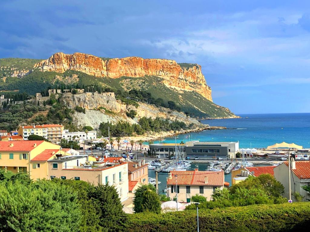 a city with a harbor with a mountain in the background at La Rade in Cassis