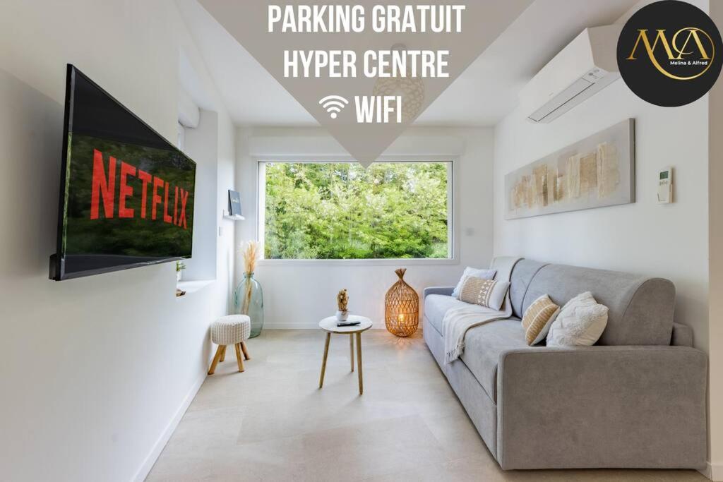 uma sala de estar com um sofá e uma televisão em Le Rivera - Clim - Parking - Netflix - Melina & Alfred em Auterive