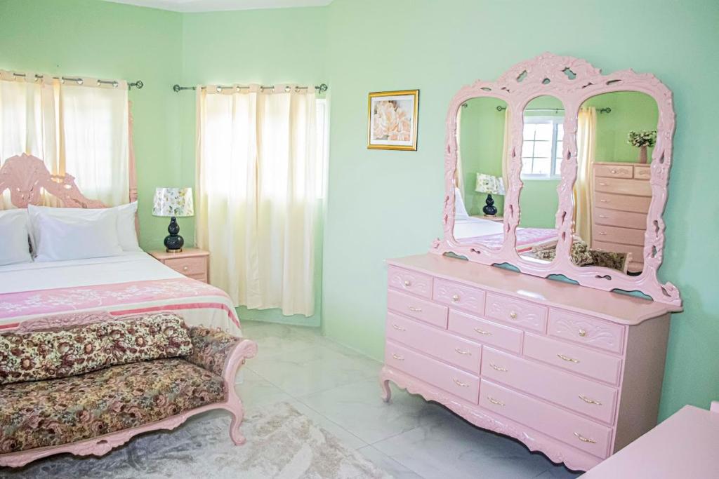 a bedroom with a pink dresser and a pink mirror at The Hamilton's Nature Villa in Clarks Town