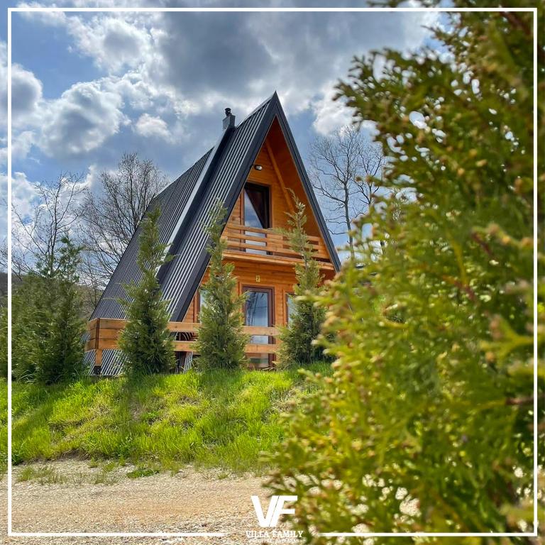 a wooden house with a black roof on a hill at Villa Family in Orllan